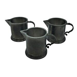 Set Of 3 Pewter Miniature Creamer Pitchers With Ornate Handles & German Zinnmark